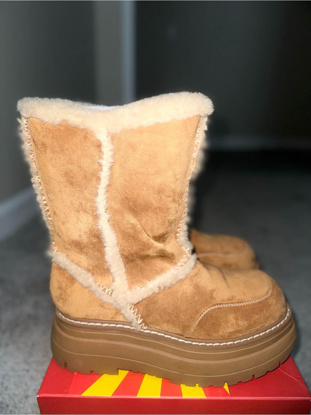 Current Mood Tan Suede Shearling Winter Boots
